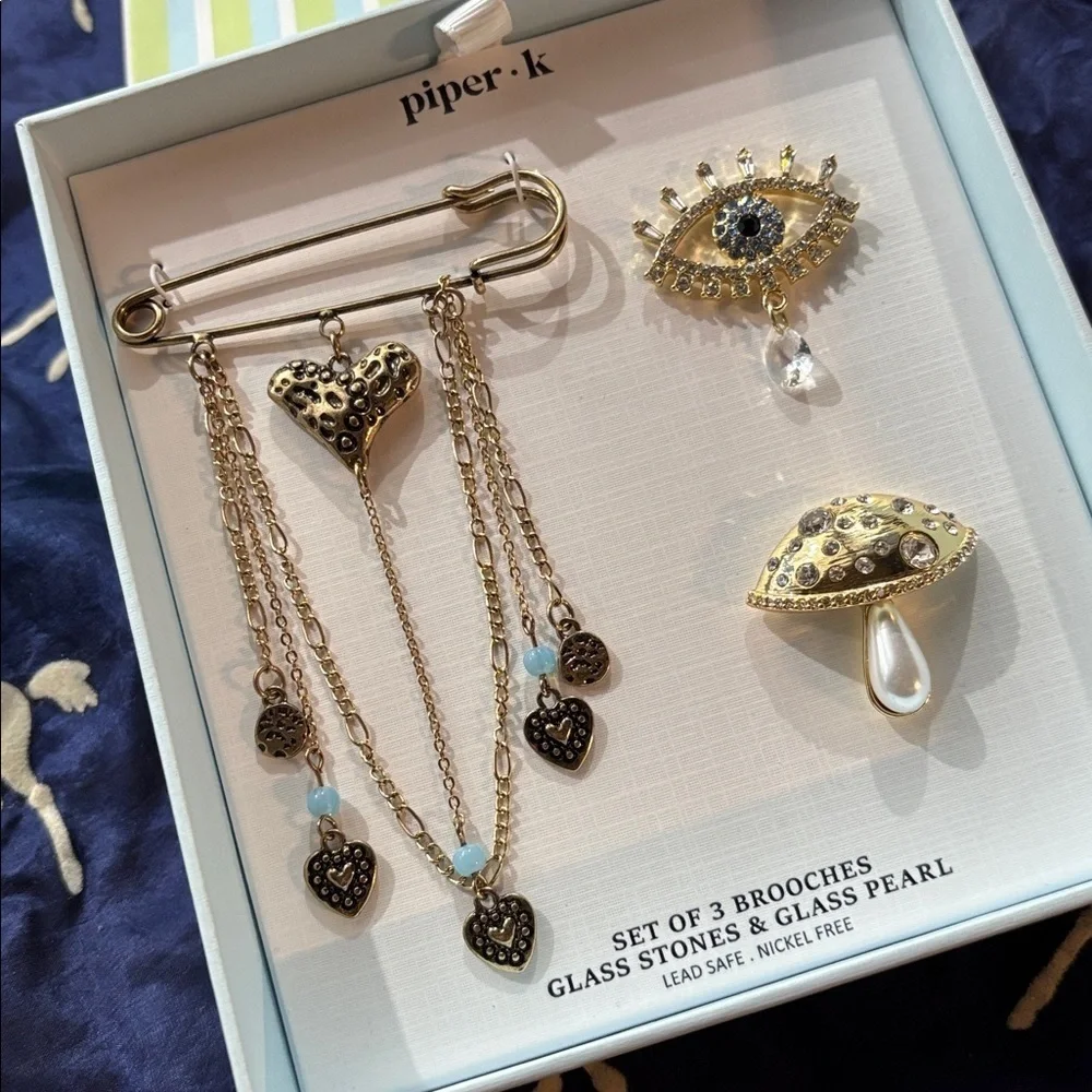 Brand New Piper K Set of 3 Brooches Glass Stones Pearl Evil Eye Hearts Mushroom
